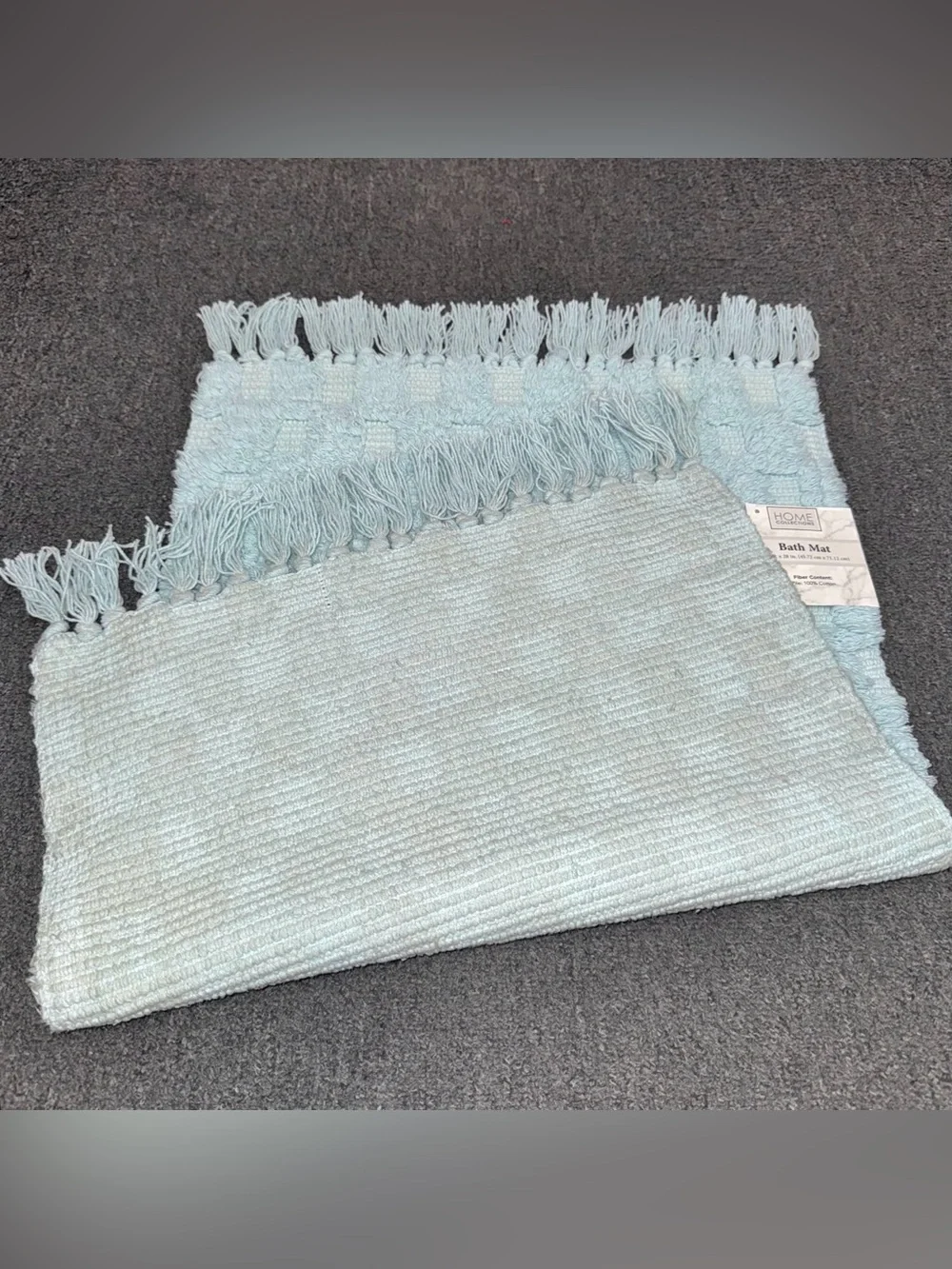 Home Collections Checkered Fringe Bath Mats Cotton Set of 2 Aqua Blue 18x28 NWT